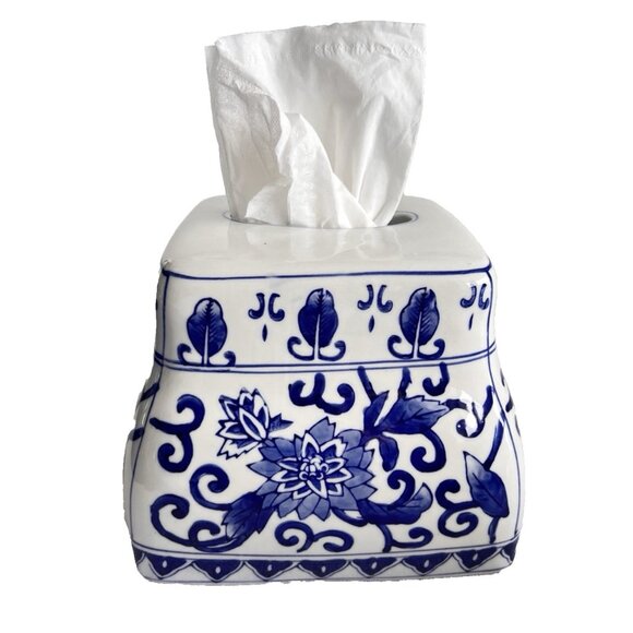Blue White Chinoiserie Boutique Tissue Box Cover 7" x 7" x 6"H Home Bath Decor - Picture 1 of 11